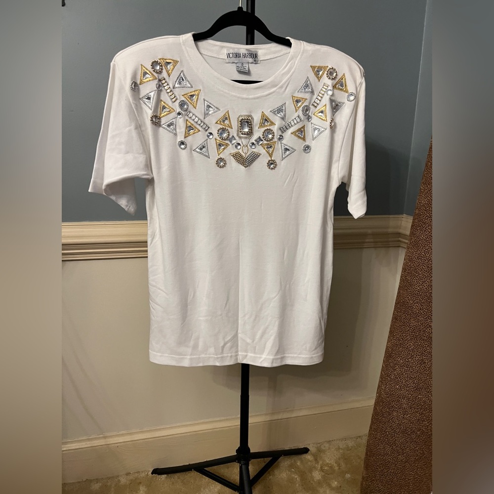 Vintage Victoria‎ Harbour Embellished White Kids Shirt 1980 shoulder pads small